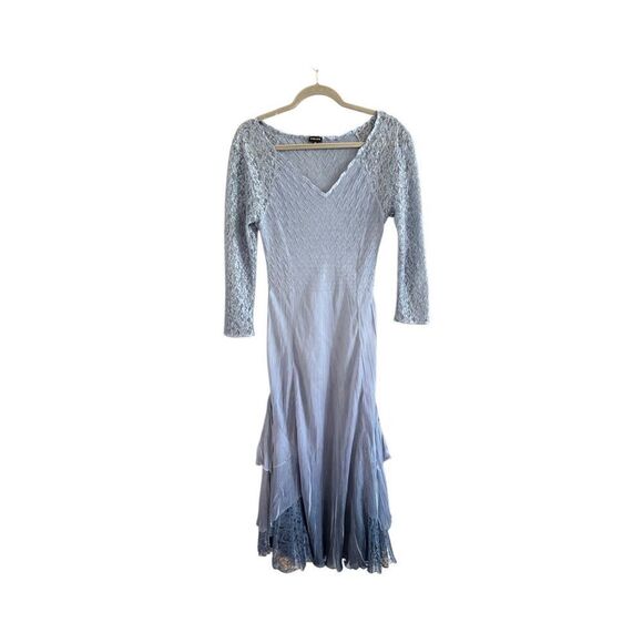 Vintage Komarov Womens Blue Ombre Lace Sleeve Layered Ruffle Hem Dress Medium